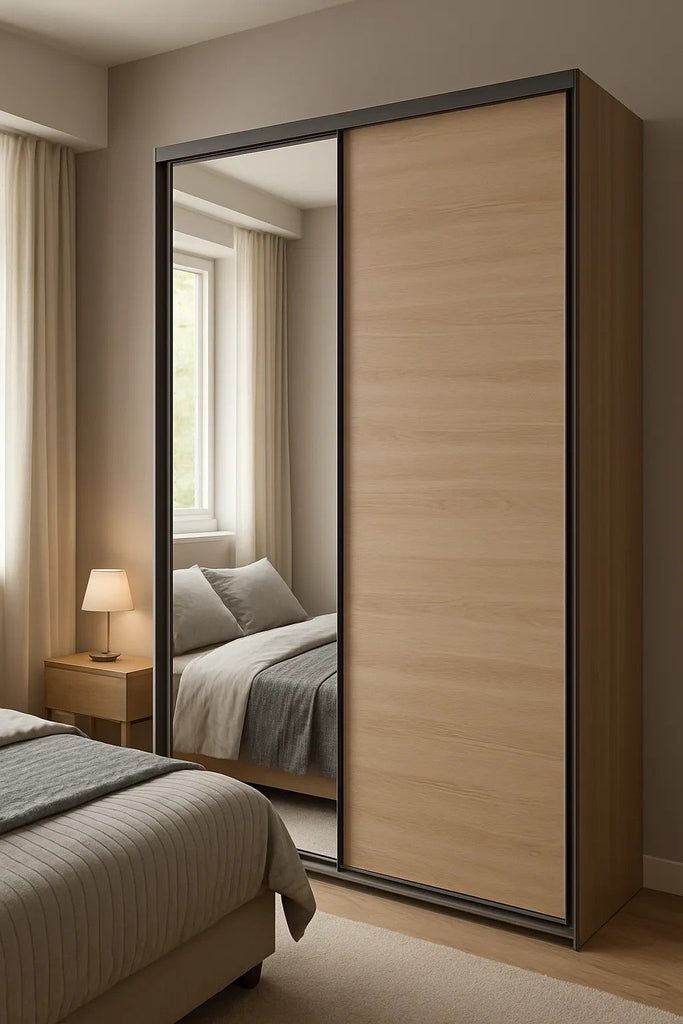 Slaapkamer met schuifdeurkast, waarvan één deur een spiegelpaneel heeft en de andere licht hout is