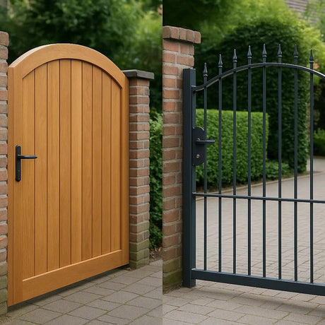 Twee poorten naast elkaar: links een houten poort met gebogen bovenrand, rechts een metalen spijlenpoort