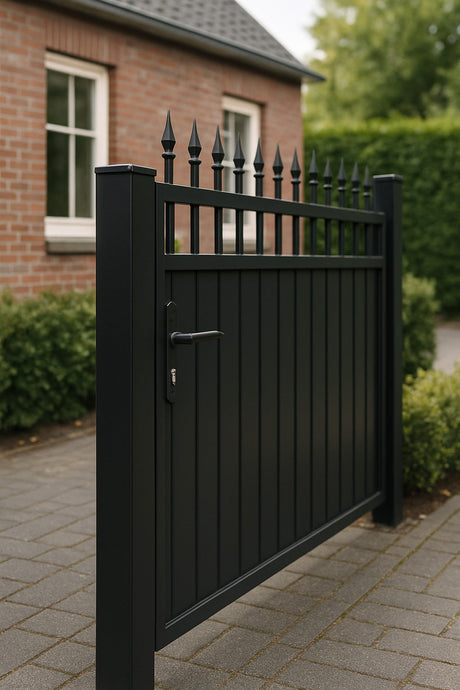 Zwarte metalen tuinpoort met spijlen en puntige sierkoppen voor een woning met bakstenen gevel