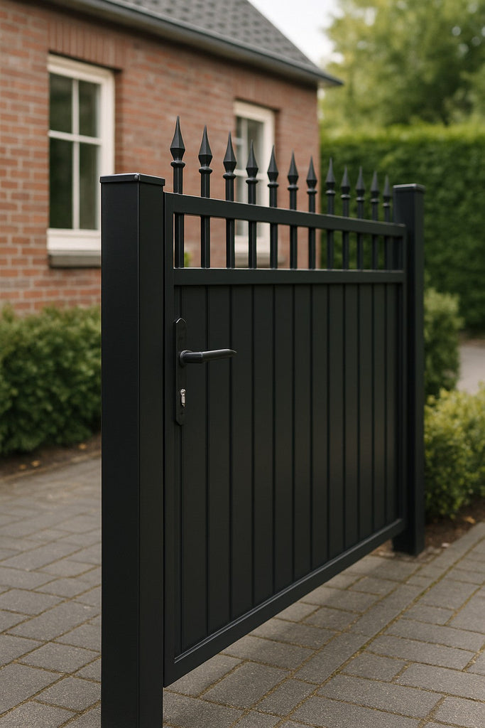 Zwarte metalen tuinpoort met spijlen en puntige sierkoppen voor een woning met bakstenen gevel