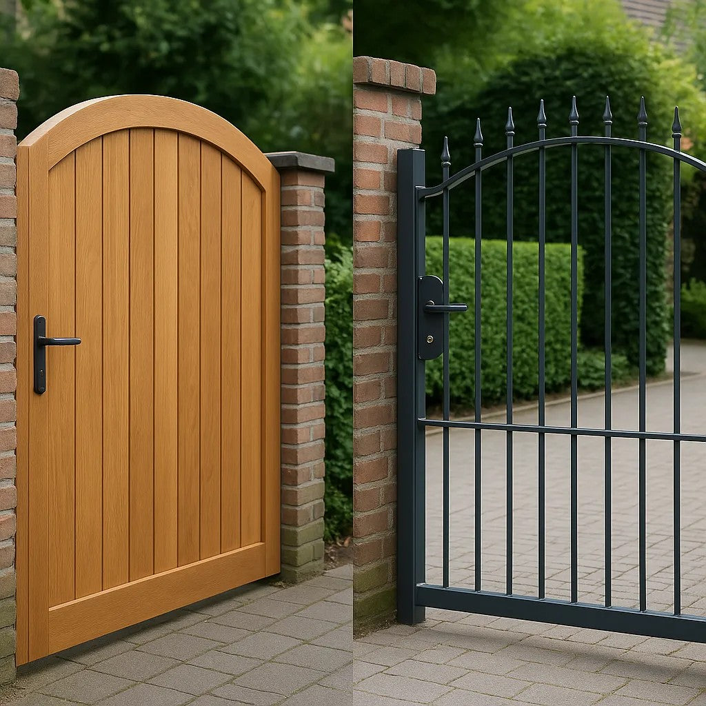 Twee poorten naast elkaar: links een houten poort met gebogen bovenrand, rechts een metalen spijlenpoort