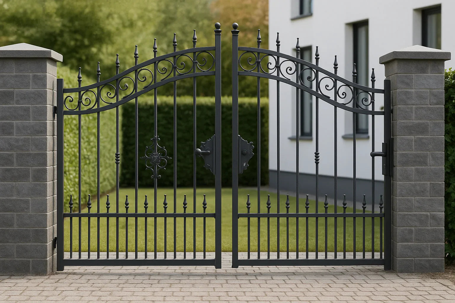Metalen tuinpoort tussen stenen pilaren bij een woning.