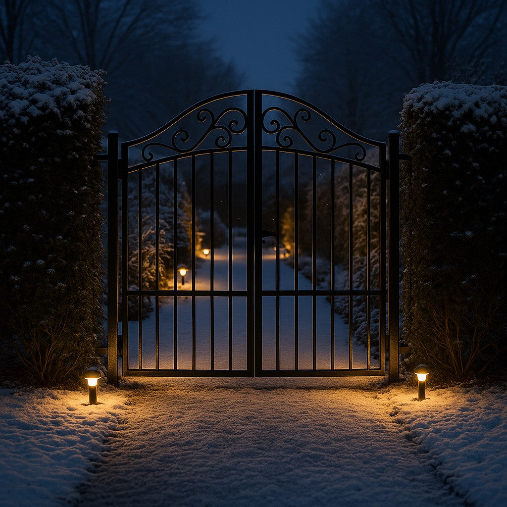 Zwarte metalen tuinpoort met warm padverlichting in besneeuwde tuin bij schemerlicht.