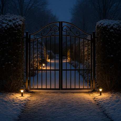 Zwarte metalen tuinpoort met warm padverlichting in besneeuwde tuin bij schemerlicht.