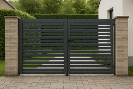 Donkergrijze aluminium tuinpoort met horizontale lamellen tussen twee gemetselde kolommen.