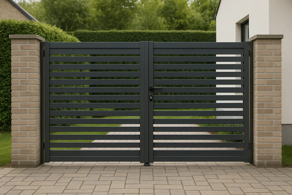 Donkergrijze aluminium tuinpoort met horizontale lamellen tussen twee gemetselde kolommen.