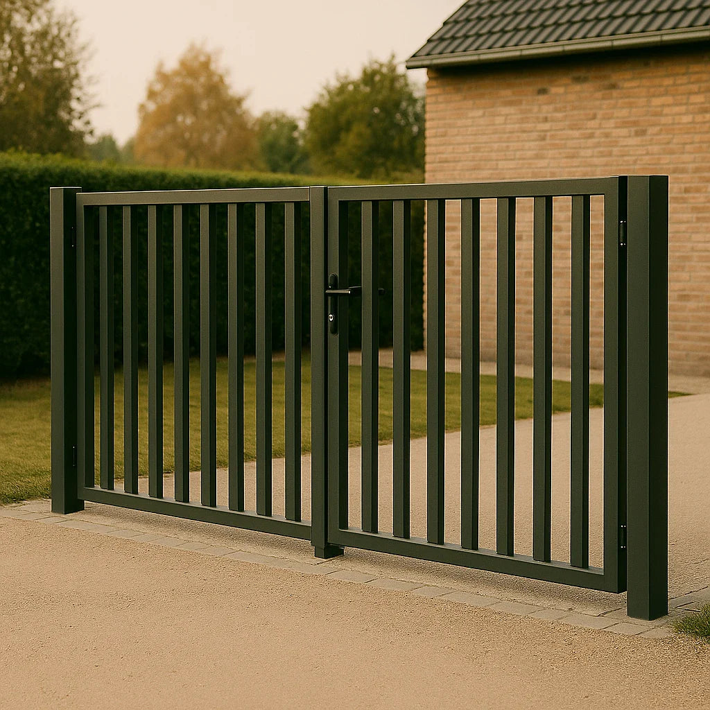 Dubbele metalen tuinpoort met verticale spijlen, geplaatst tussen twee bakstenen kolommen bij een oprit. 
