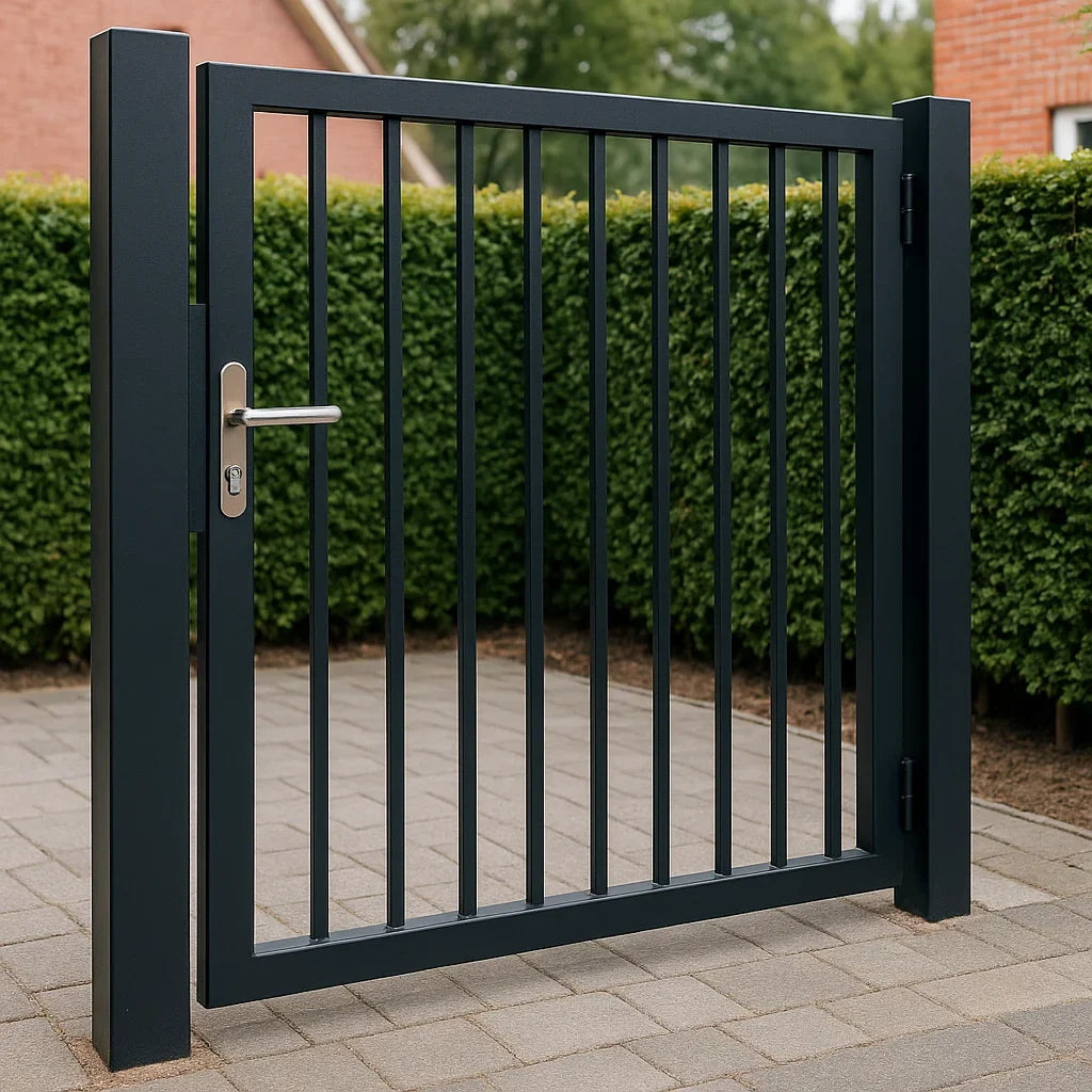 Moderne metalen tuinpoort met minimalistisch ontwerp en stevige palen