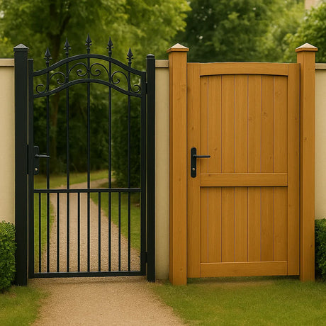 Vergelijking tussen een metalen tuinpoort en een houten tuinpoort.