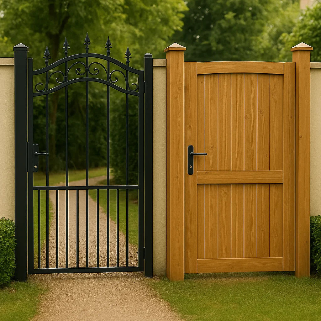 Vergelijking tussen een metalen tuinpoort en een houten tuinpoort.