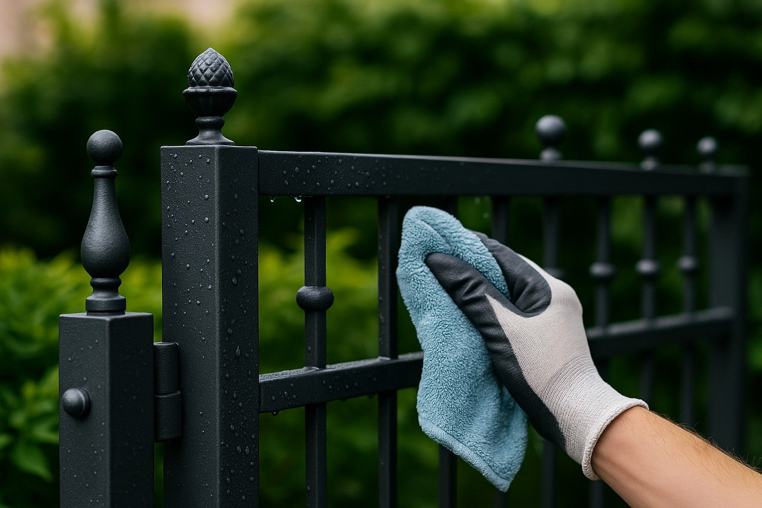 Hand met werkhandschoen reinigt een donkere metalen tuinpoort met zachte doek, waterdruppels glinsteren in daglicht