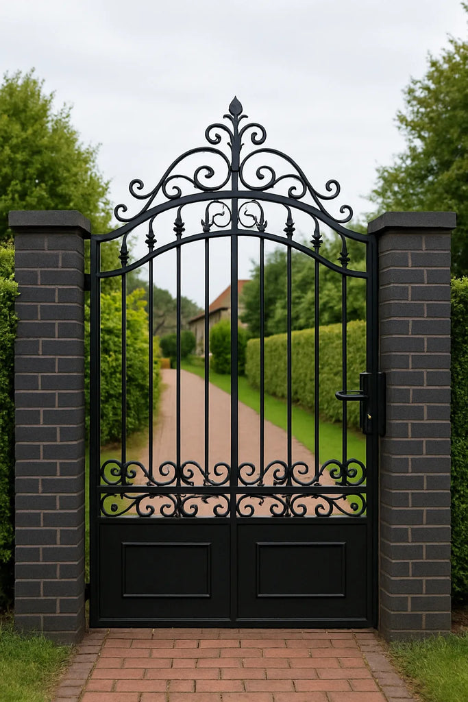 Smeedijzeren toegangspoort tussen twee bakstenen zuilen met zicht op een oprijlaan en haag