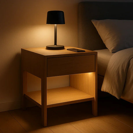 Modern houten nachtkastje met geïntegreerde ledverlichting naast een bed in een minimalistische slaapkamer