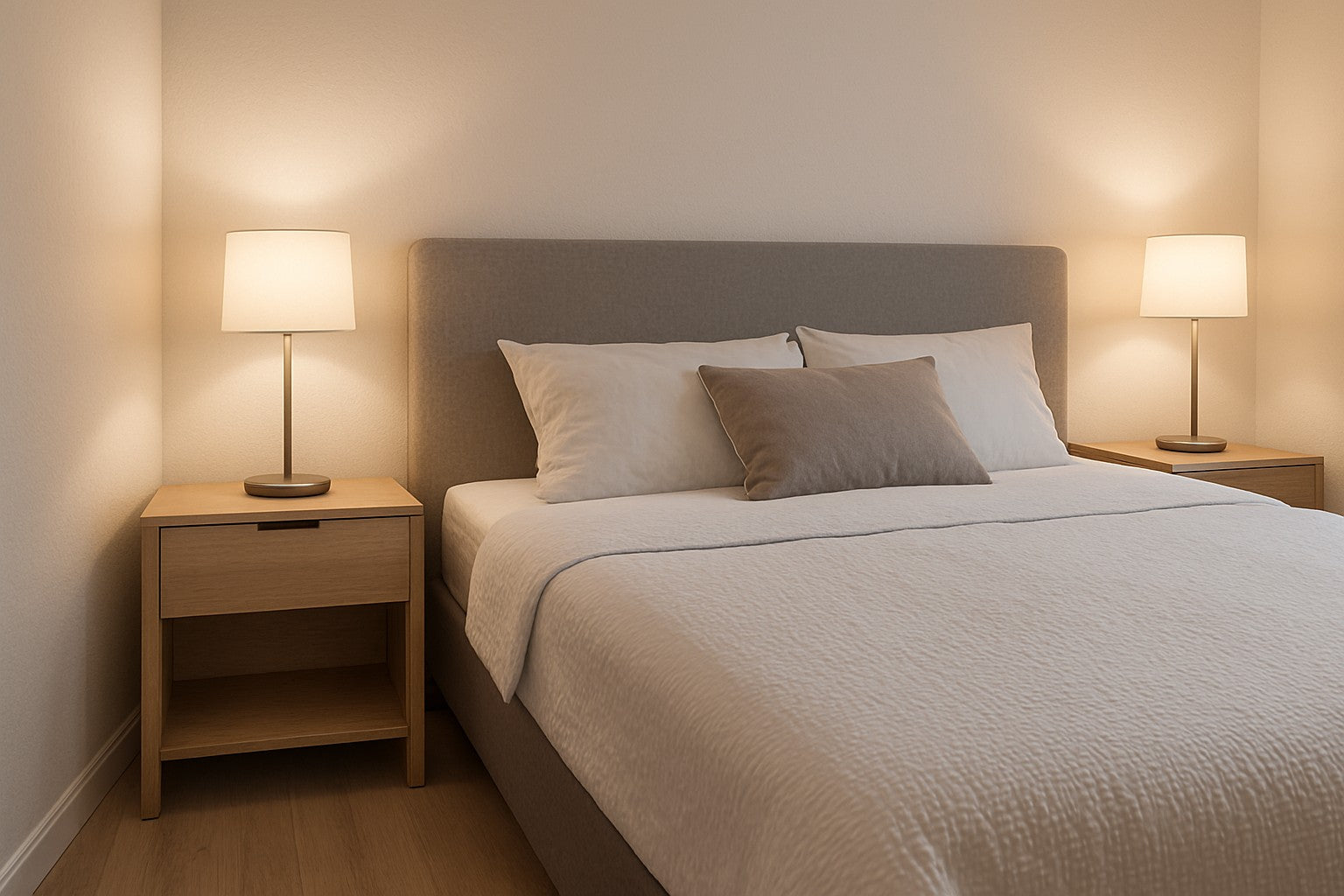 Tweezijdige houten nachtkastjes met moderne lampen naast een boxspring in een serene slaapkamer.
