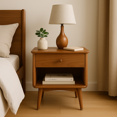 Retro houten nachtkastje met lamp en plantje naast bed in warme slaapkamer