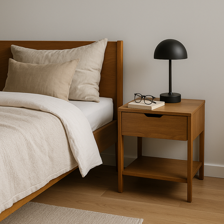 Houten nachtkastje naast een bed met linnen kussens, zwarte lamp en houten vloer – stijlvolle slaapkamer met rustige uitstraling.