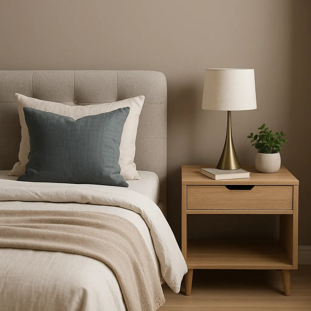 Scandinavisch ingerichte slaapkamer met houten nachtkastje, moderne lamp en een lichtgrijs bed.