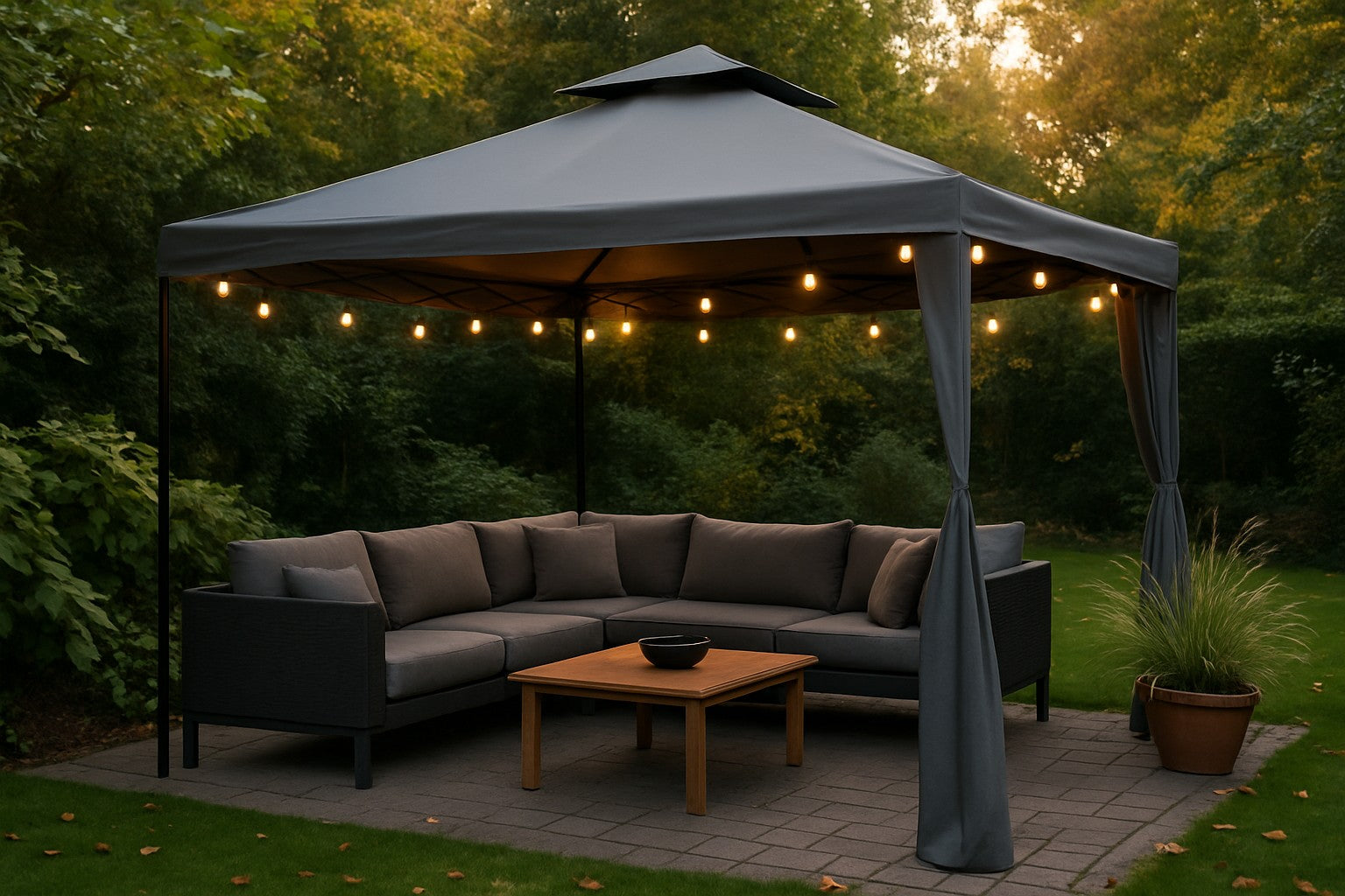 Moderne partytent met comfortabele loungeset in groene tuin bij schemerlicht