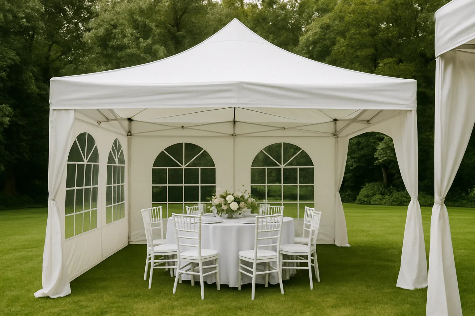 Witte partytent in een groene tuin, ingericht met ronde tafels en stoelen voor een bruiloft of event.