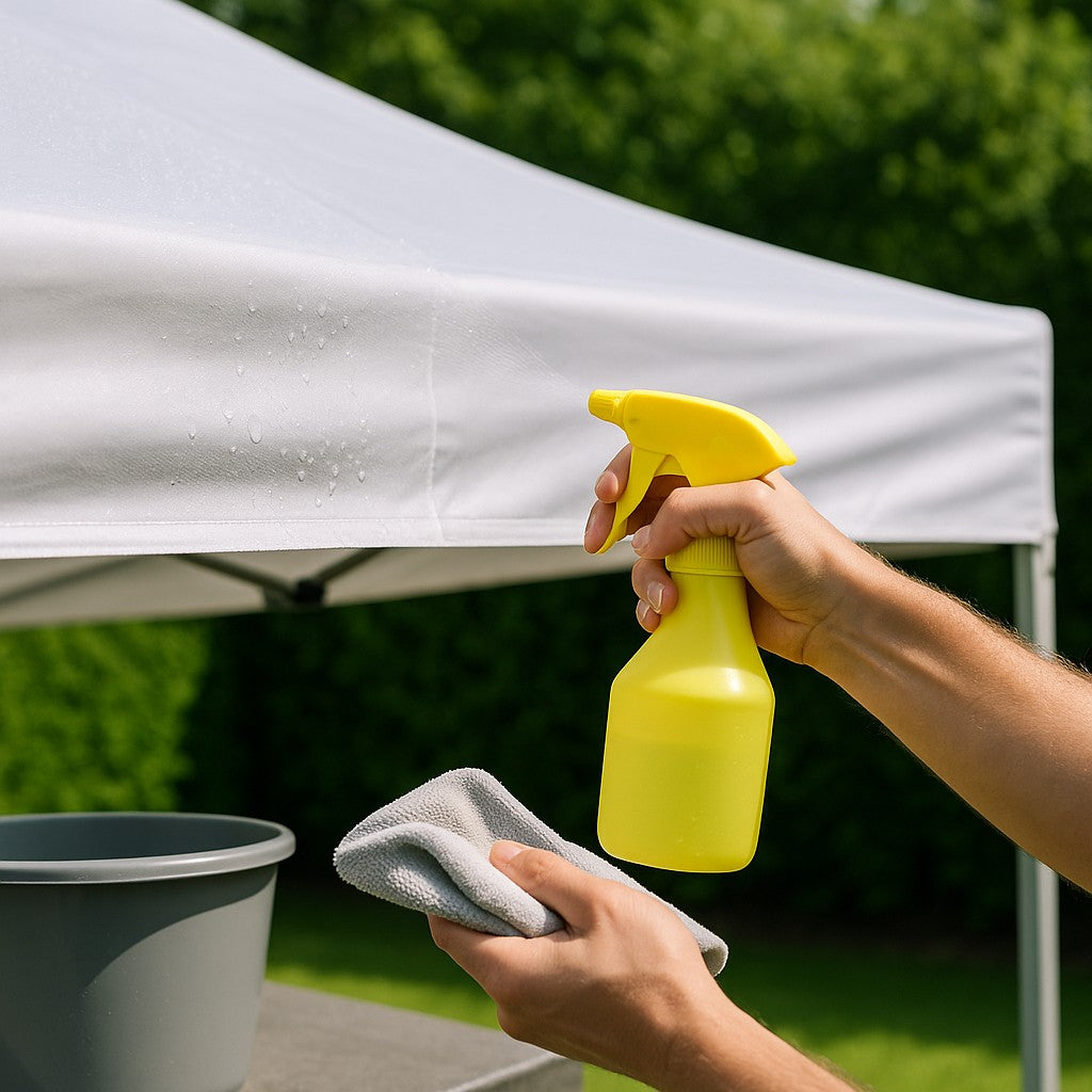  Handen sprayen waterafstotend middel op wit partytentdak met gele fles.
