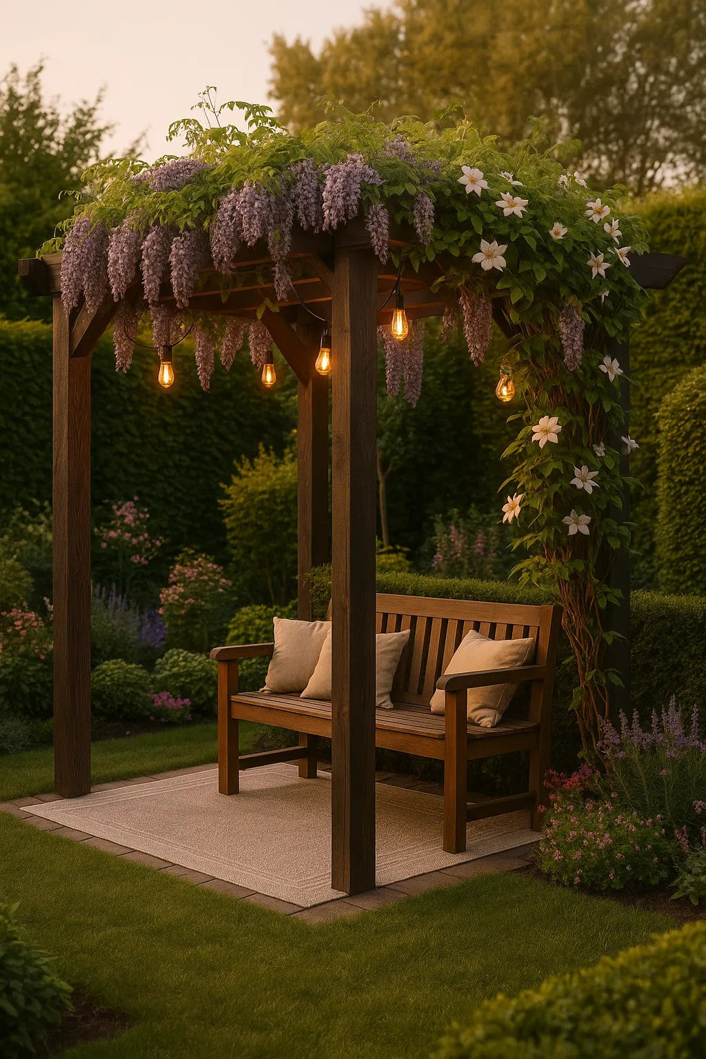 Een sfeervolle houten pergola met bloeiende blauweregen en clematis, onder een zachte avondhemel