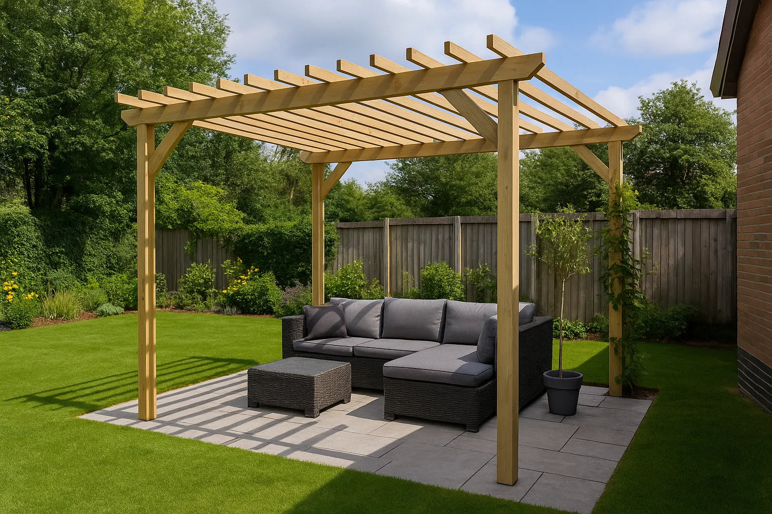 Houten pergola in moderne tuin met loungeset op betegeld terras naast woning
