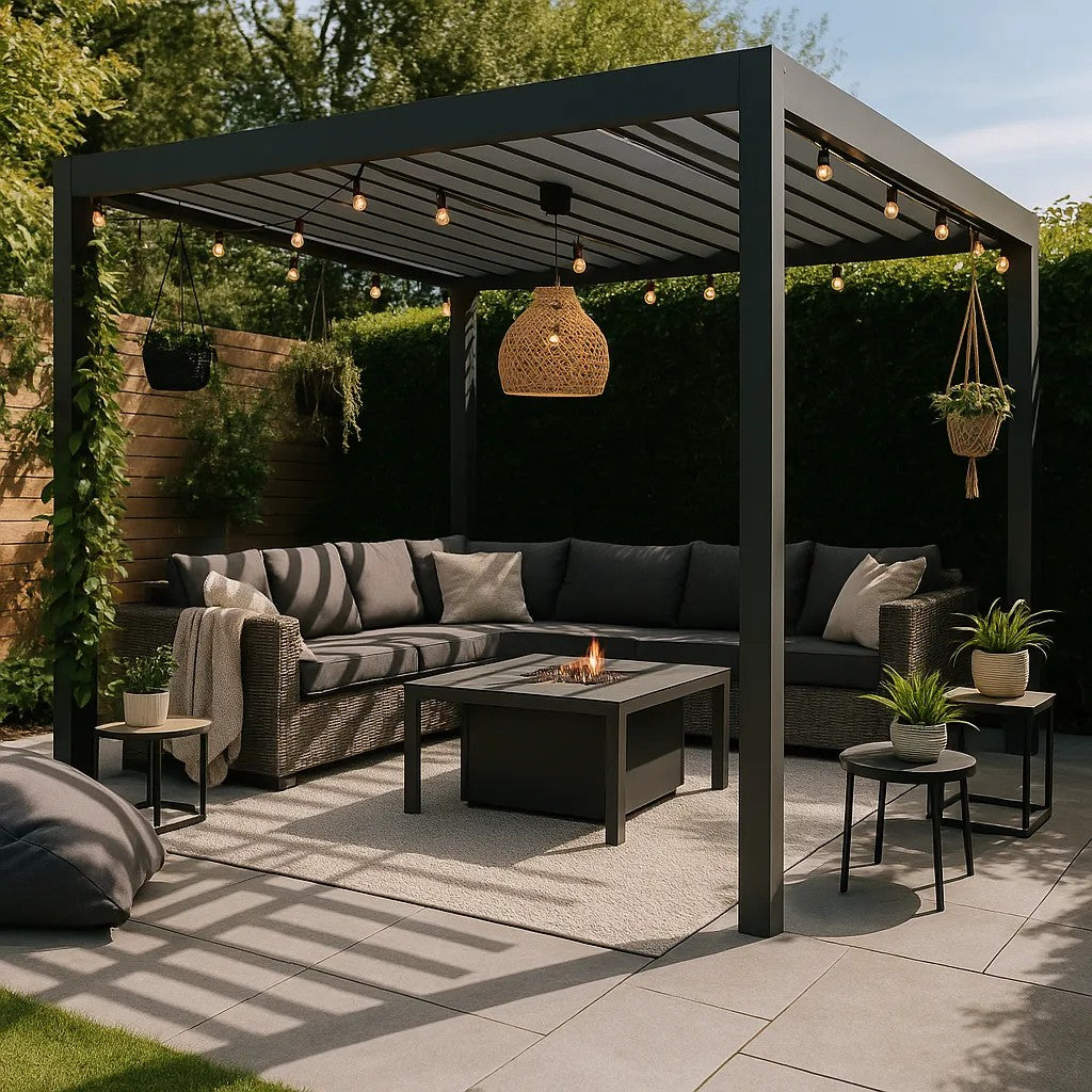 Moderne tuin met pergola, loungebank, vuurtafel en hangplanten op een zonnige dag