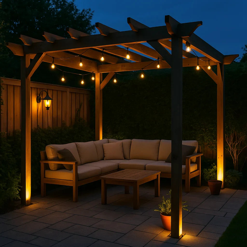 Houten pergola met sfeervolle verlichting en loungeset in avondlicht.