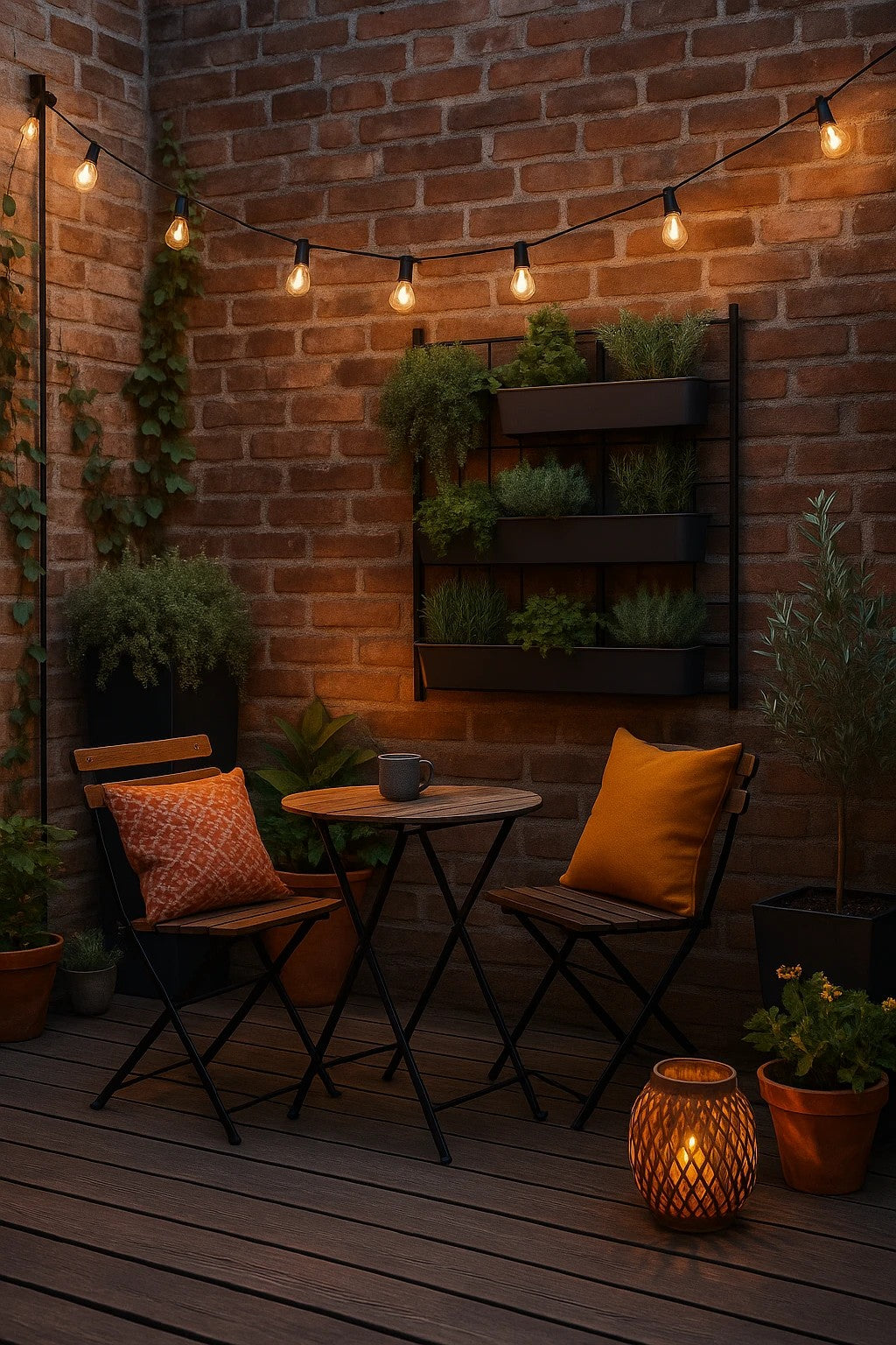 Knusse stadstuin met bistroset, slanke plantenbakken en warme stringlights aan een bakstenen muur
