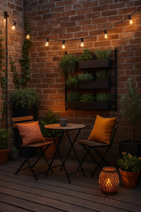 Knusse stadstuin met bistroset, slanke plantenbakken en warme stringlights aan een bakstenen muur