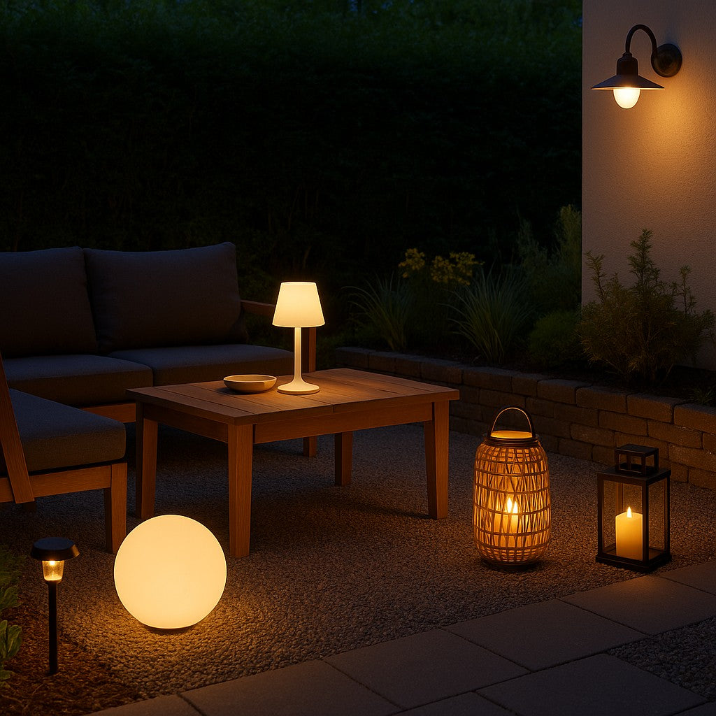 uin met warme verlichting, lantaarns en tafellamp voor gezellige avondsfeer.  Titel-attribuut (title tag):