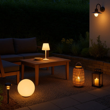 uin met warme verlichting, lantaarns en tafellamp voor gezellige avondsfeer.  Titel-attribuut (title tag):