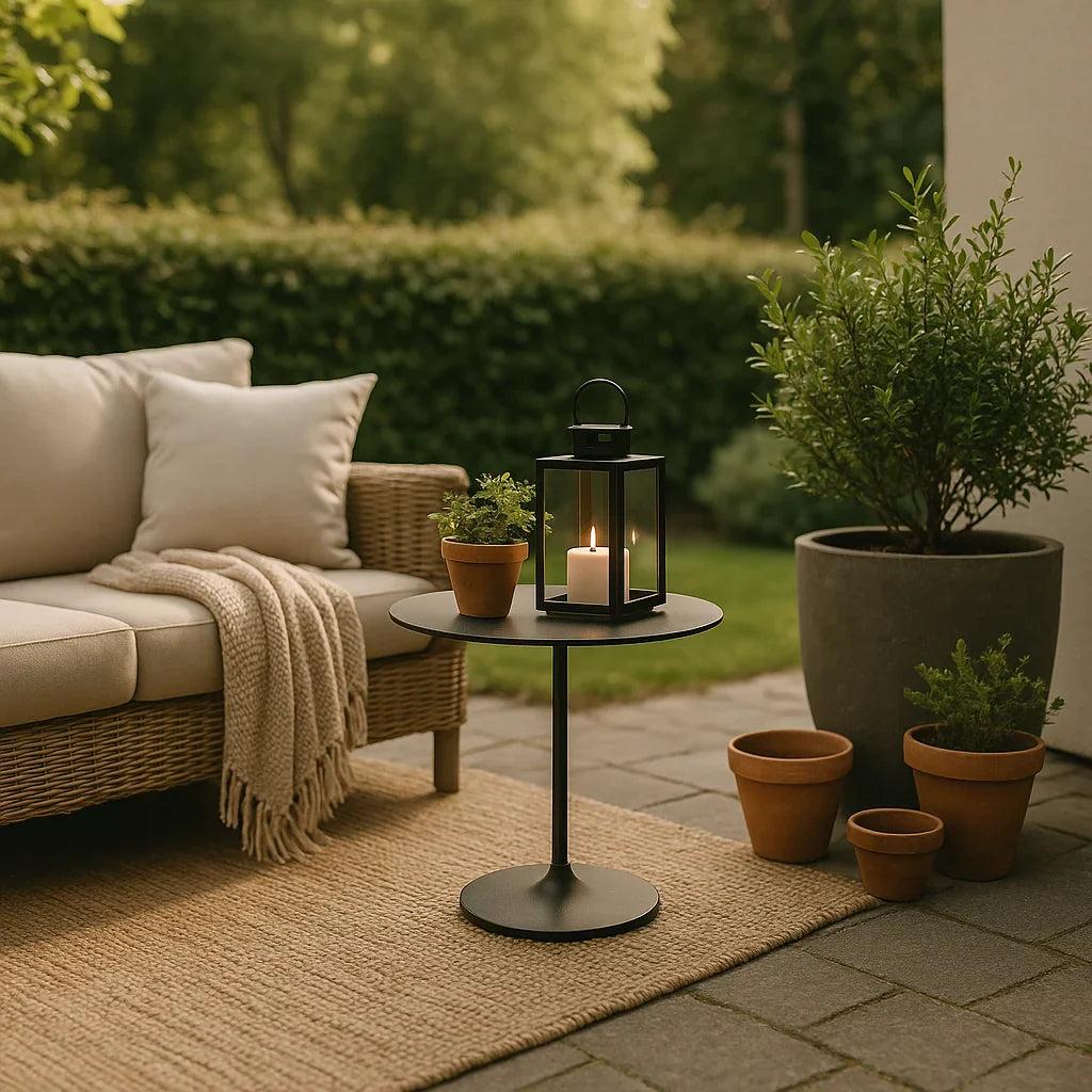 Sfeervolle tuinlounge met wickerbank, beige kussens, zwart metalen bijzettafel met lantaarn en terracotta potten.