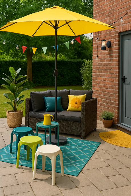 Zomers terras met gele parasol, rotan loungeset, kleurrijke krukjes en buitenkleed voor een sfeervolle tuinsetting