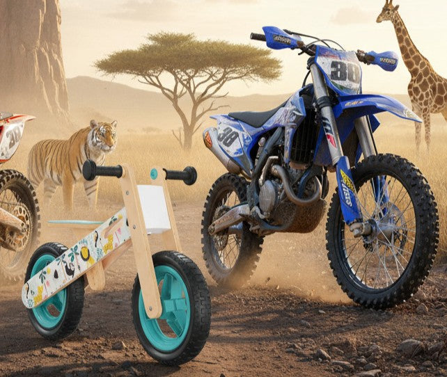 Loopfiets voor kinderen blauw met dierenprint Wehebbenallesinhuis.nl