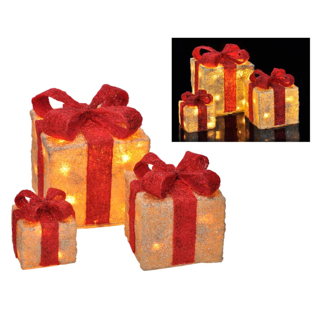 Kerstverlichting geschenkdoos met rode linten 3 st LED