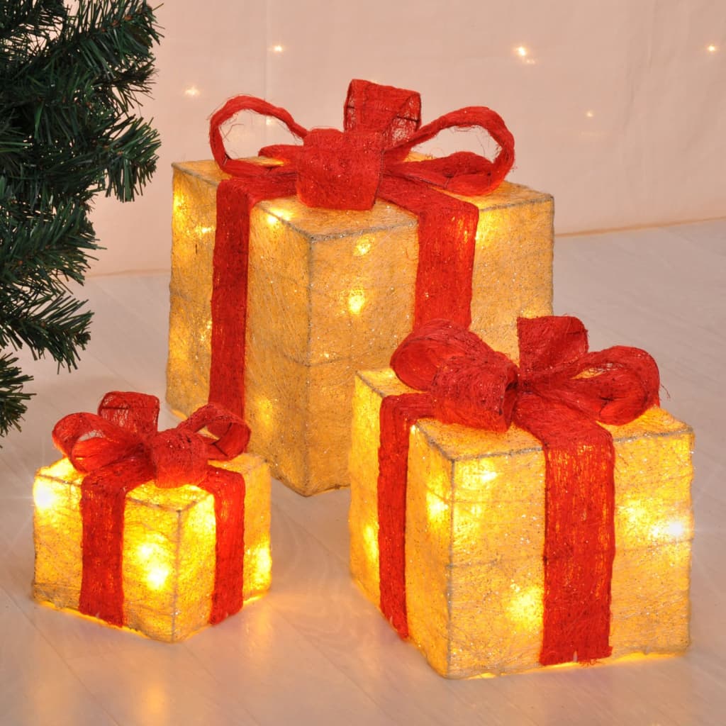 Kerstverlichting geschenkdoos met rode linten 3 st LED