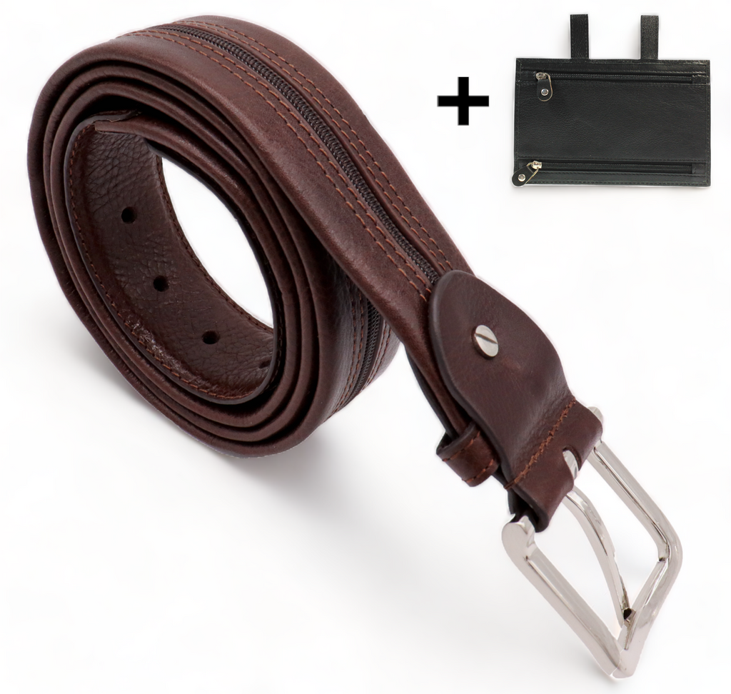 Moneybelt  - Gratis Leren Riemtasje - Bruin Riemtasje - Riem Met Rits - Riem Met Geheimvak