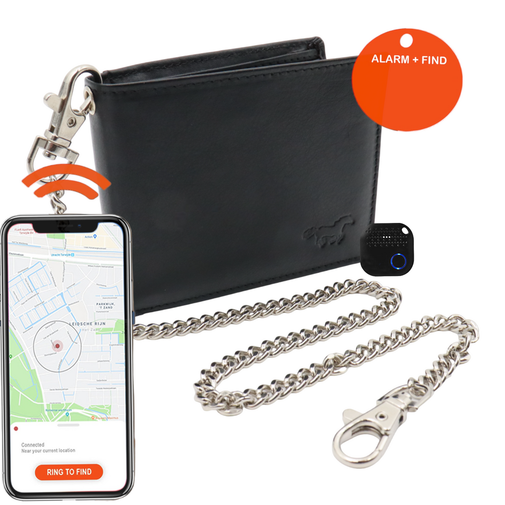 Compacte Portemonnee Mannen Met Tracker  - Portefeuille Met Ketting - Bluetooth Tracker En Ketting - Zwart