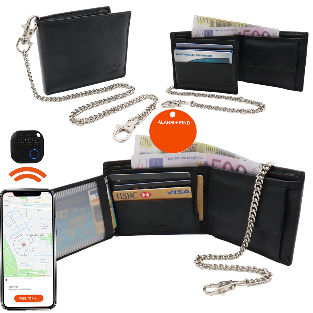 Compacte Portemonnee Mannen Met Tracker  - Portefeuille Met Ketting - Bluetooth Tracker En Ketting - Zwart