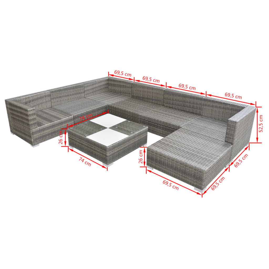 8-Delige Loungeset Met Kussens Poly Rattan Grijs