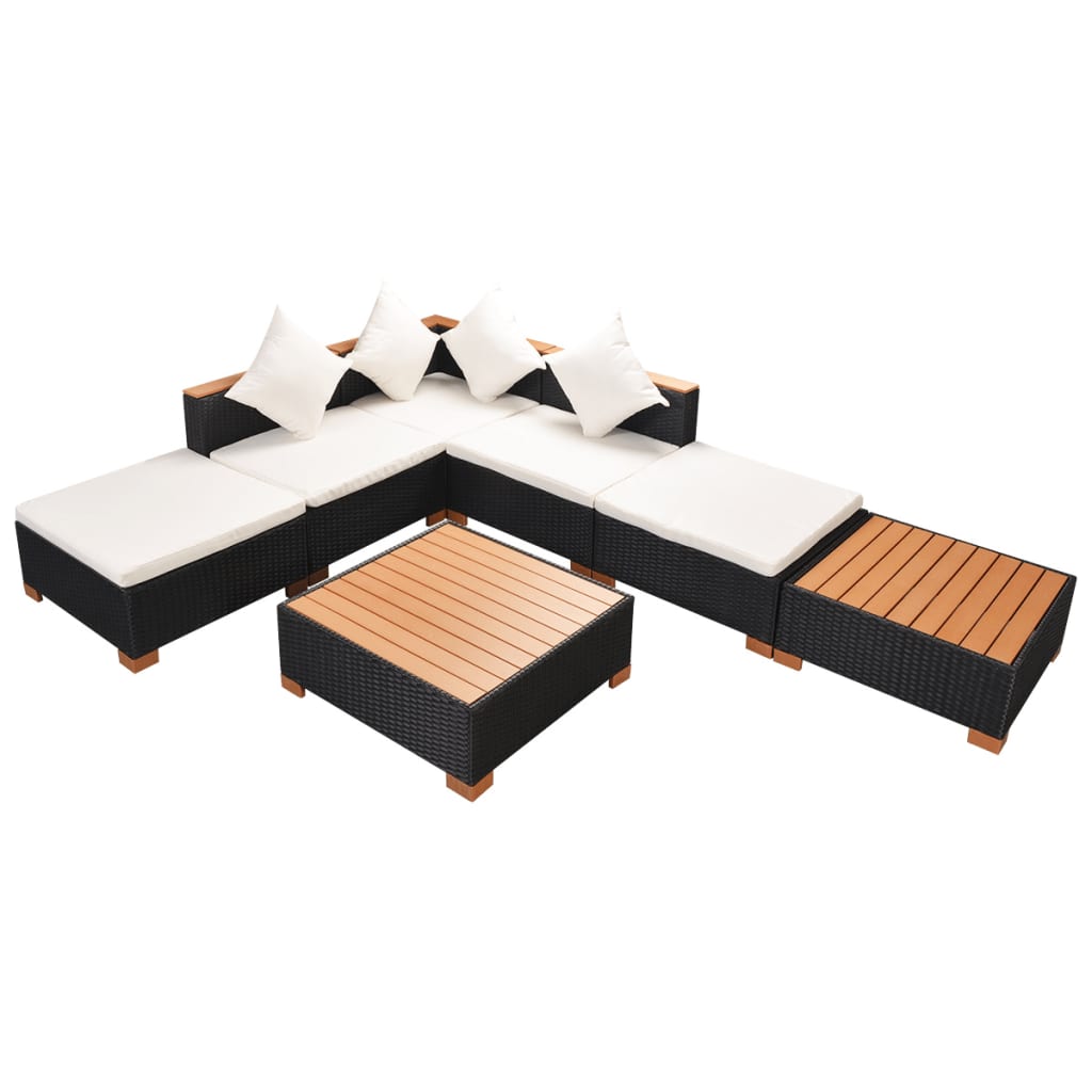 7-Delige Loungeset Met Kussens Poly Rattan Zwart 1 hoek + 2x midden + 3x voetensteun + Tafel