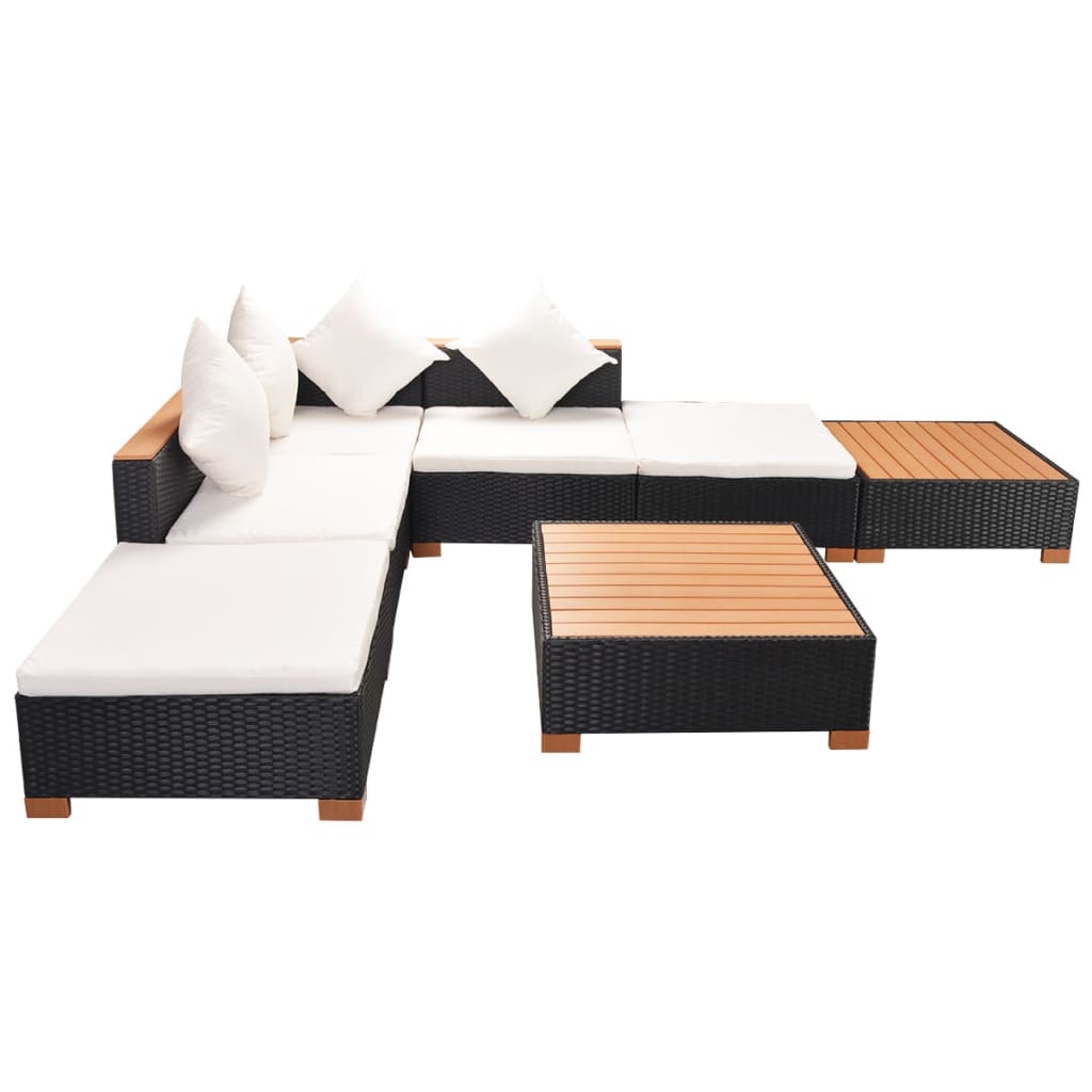 7-Delige Loungeset Met Kussens Poly Rattan Zwart 1 hoek + 2x midden + 3x voetensteun + Tafel