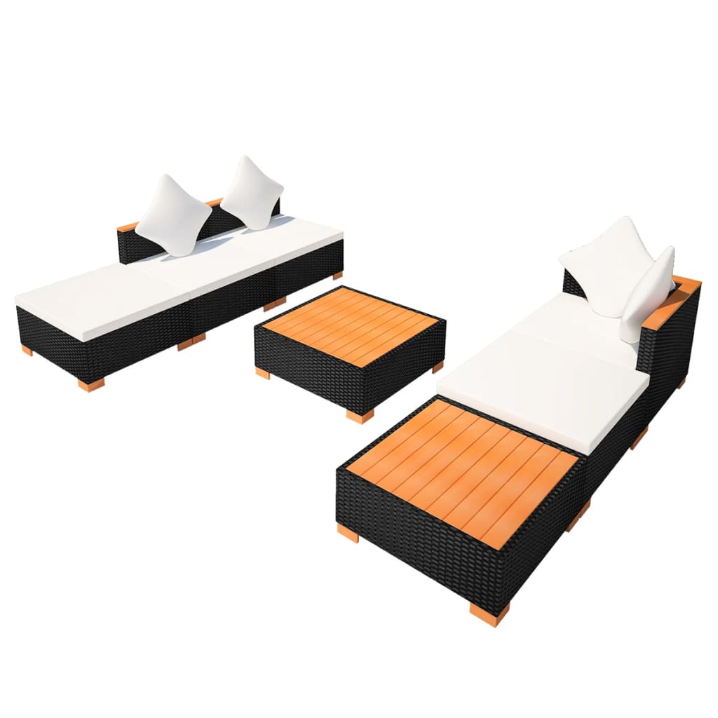 7-Delige Loungeset Met Kussens Poly Rattan Zwart 1 hoek + 2x midden + 3x voetensteun + Tafel