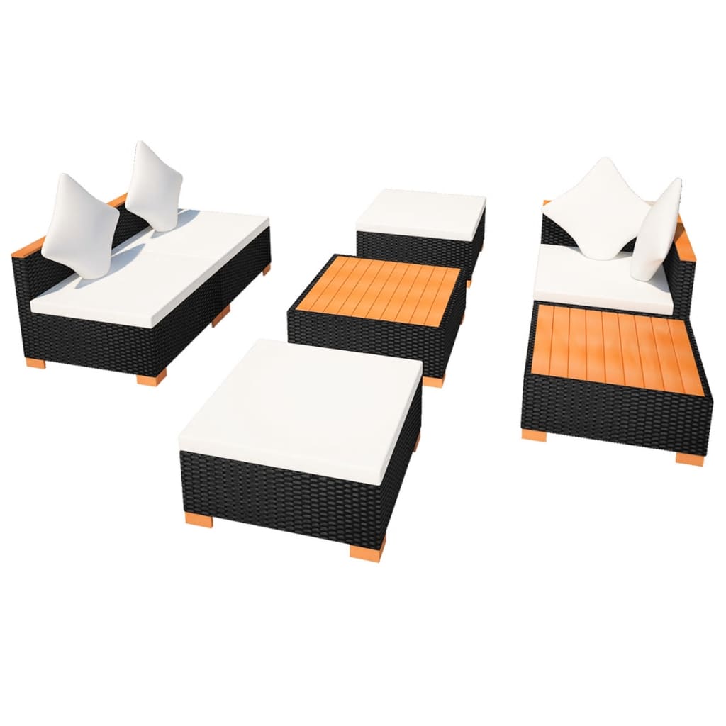 7-Delige Loungeset Met Kussens Poly Rattan Zwart 1 hoek + 2x midden + 3x voetensteun + Tafel