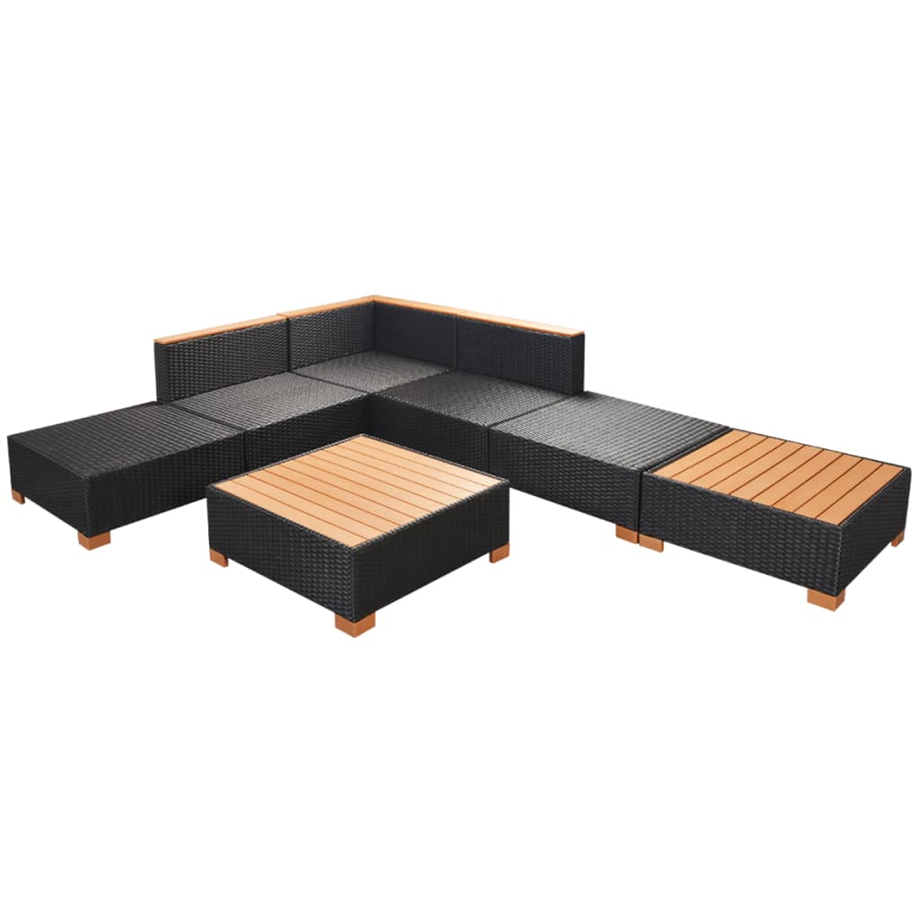 7-Delige Loungeset Met Kussens Poly Rattan Zwart 1 hoek + 2x midden + 3x voetensteun + Tafel