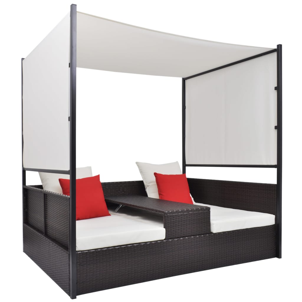 Tuinbed met luifel 190x130 cm poly rattan bruin