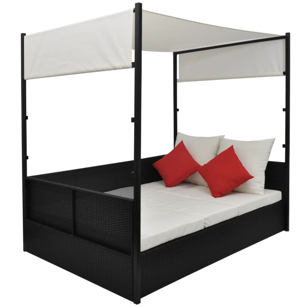 Tuinbed met luifel 190x130 cm poly rattan zwart