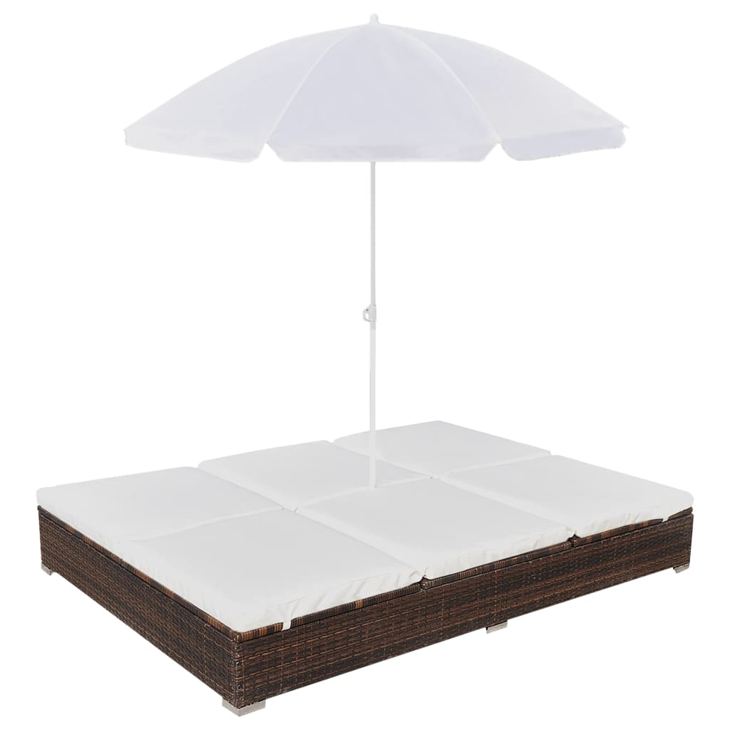 Loungebed Met Parasol Poly Rattan Bruin 1