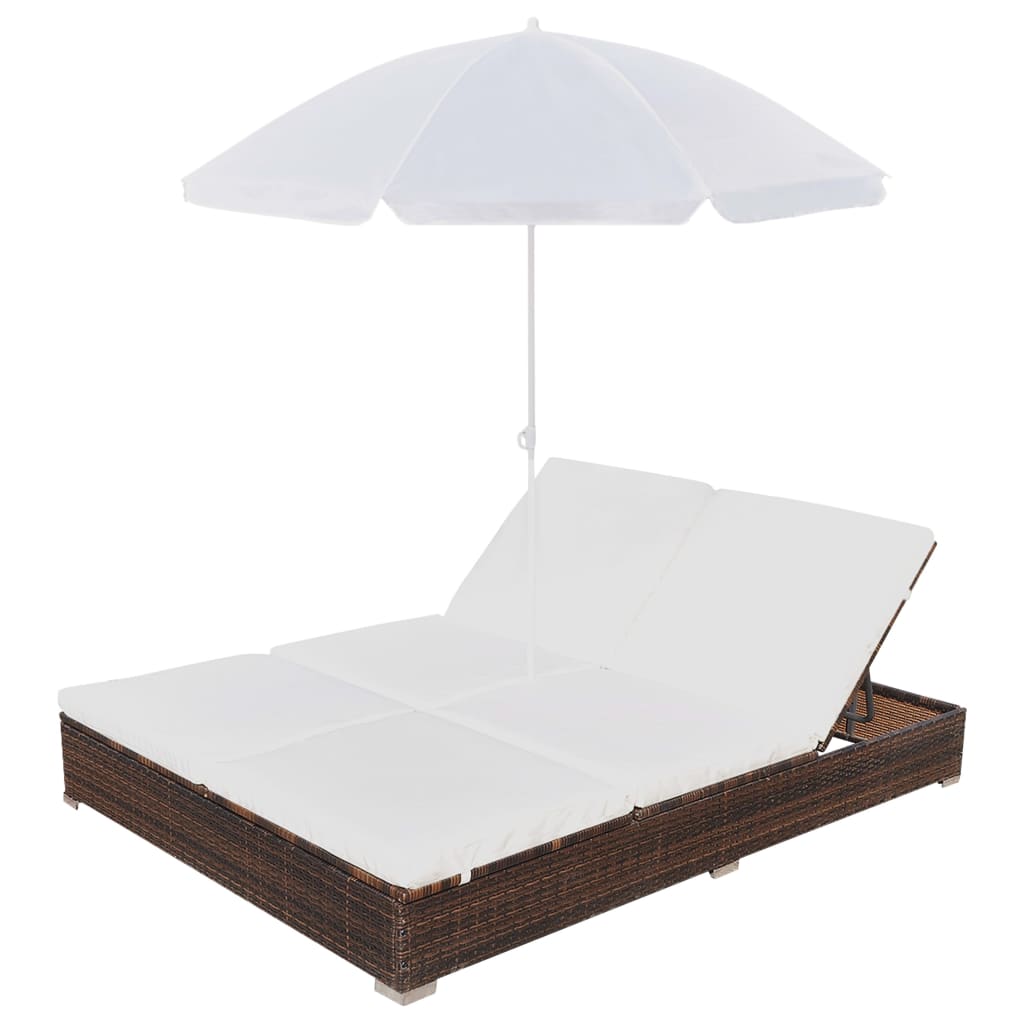 Loungebed Met Parasol Poly Rattan Bruin 1